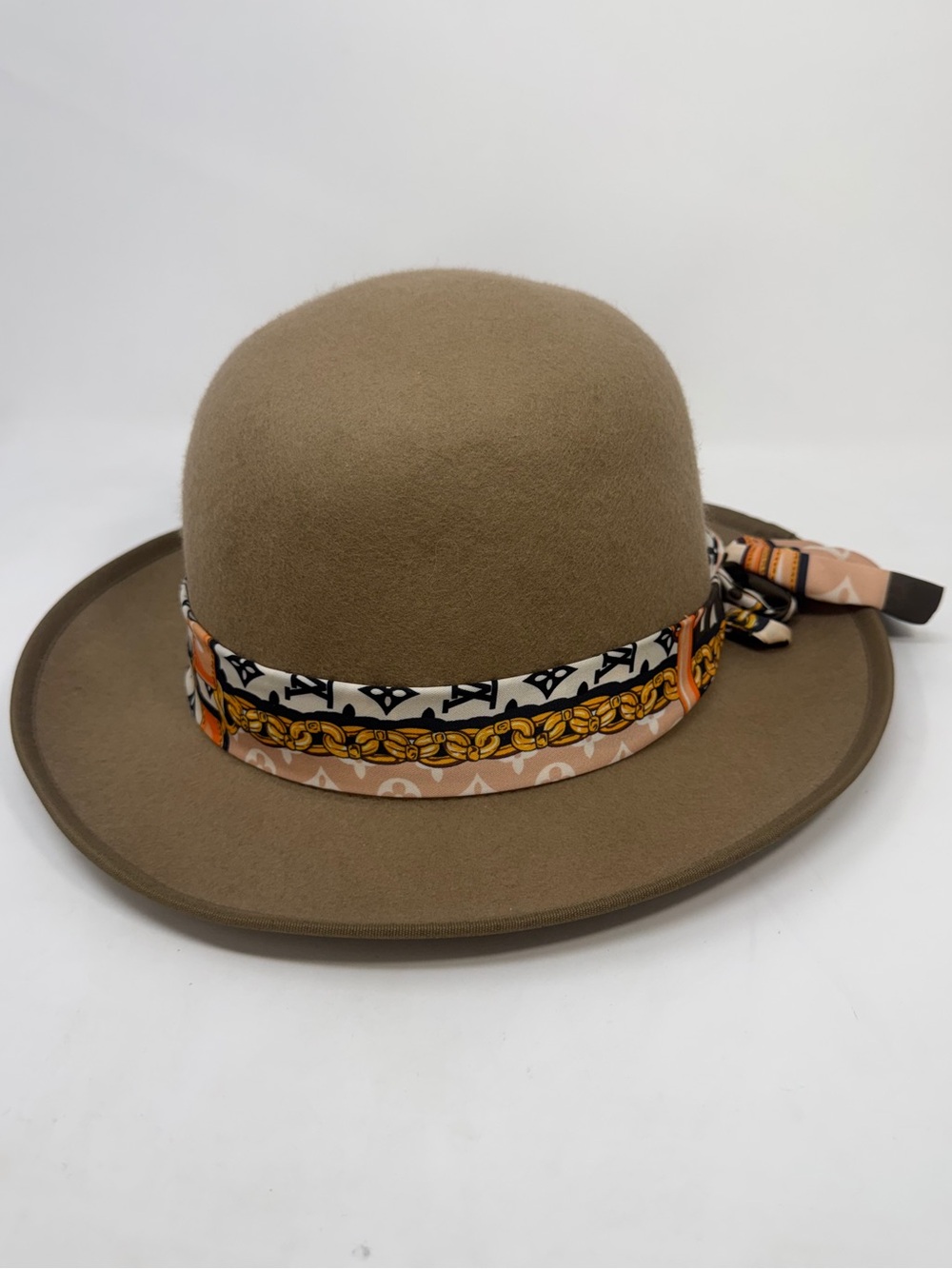 Custom Taupe Felt Bowler Hat with Patterned Scarf Accent